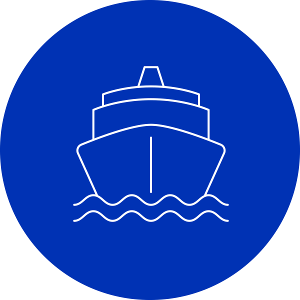 Line art illustration of ship in white colour on a blue round background shape