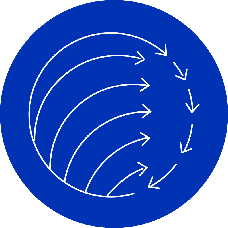 Line art illustration of white arrows forming a current and a circle on a blue round background