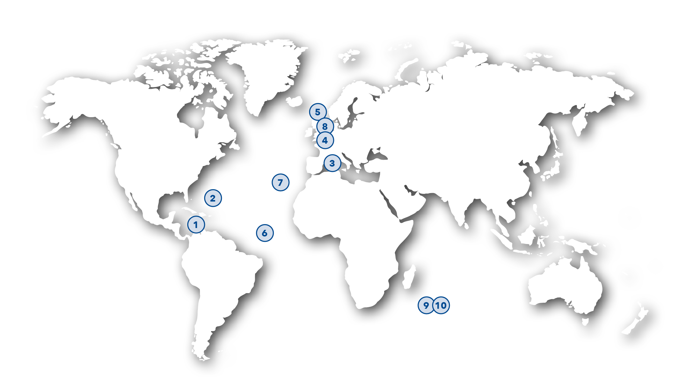 Map of the world with 10 location markers, that represent the locations mentioned below