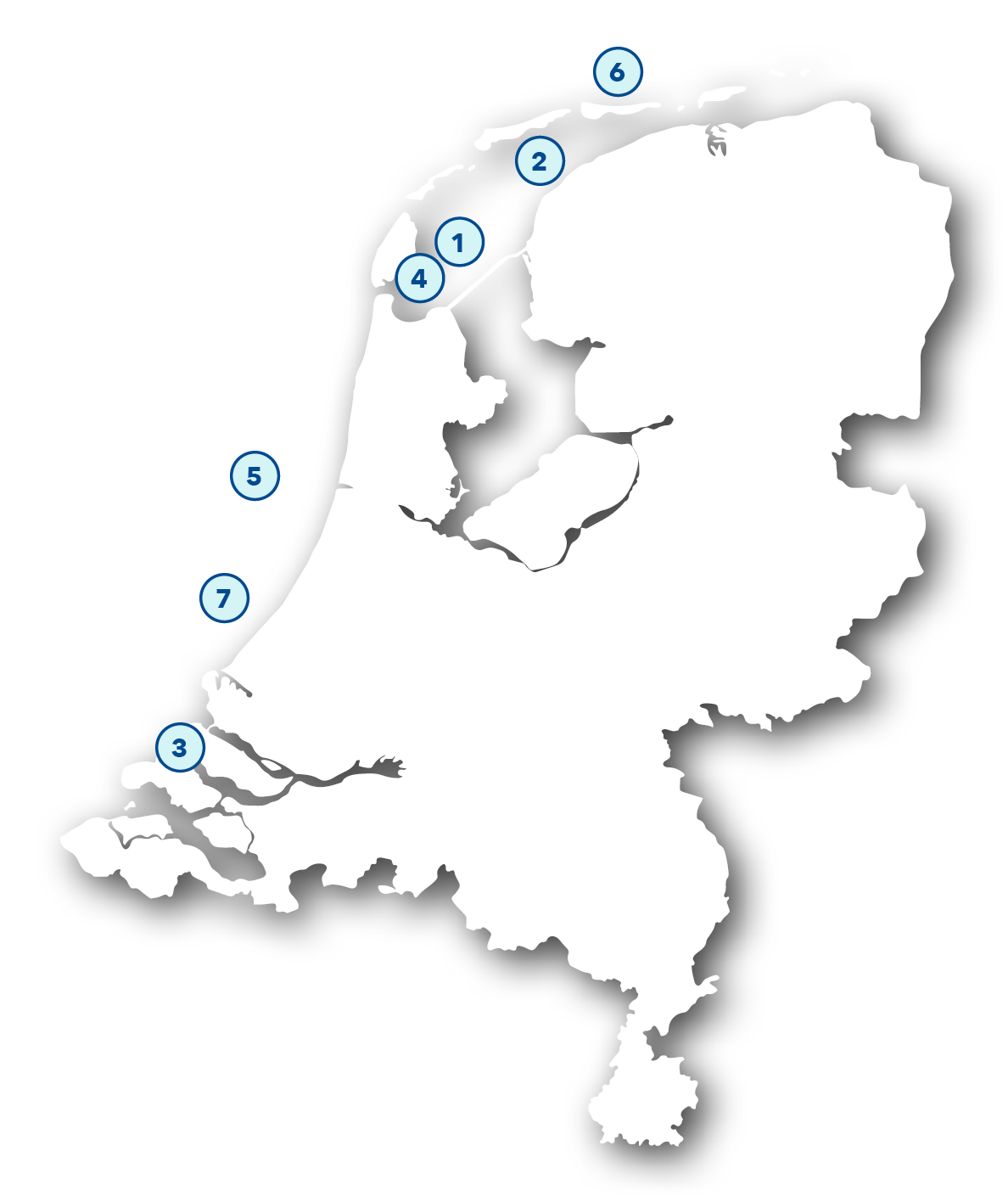 Map of the Netherlands with 7 location markers, that represent the locations mentioned below