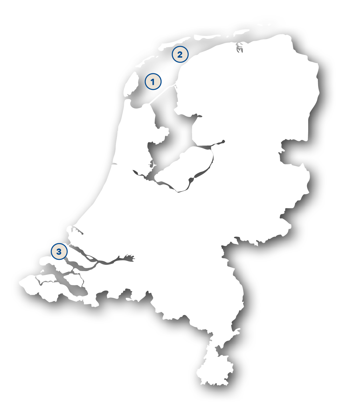 Map of the Netherlands with 3 location markers, that represent the locations mentioned below