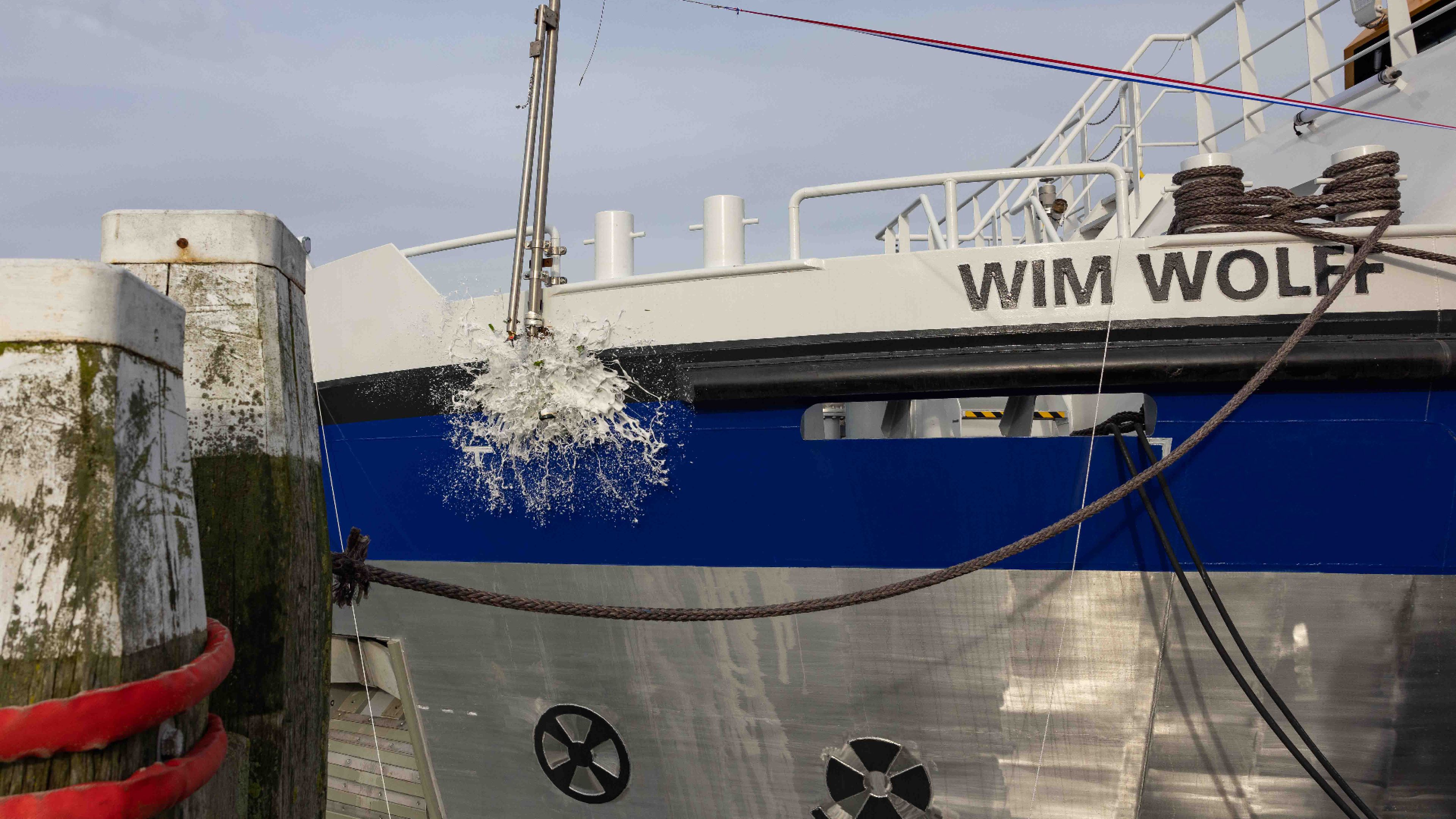 Photo of research vessel called Wim Wolff during the christening