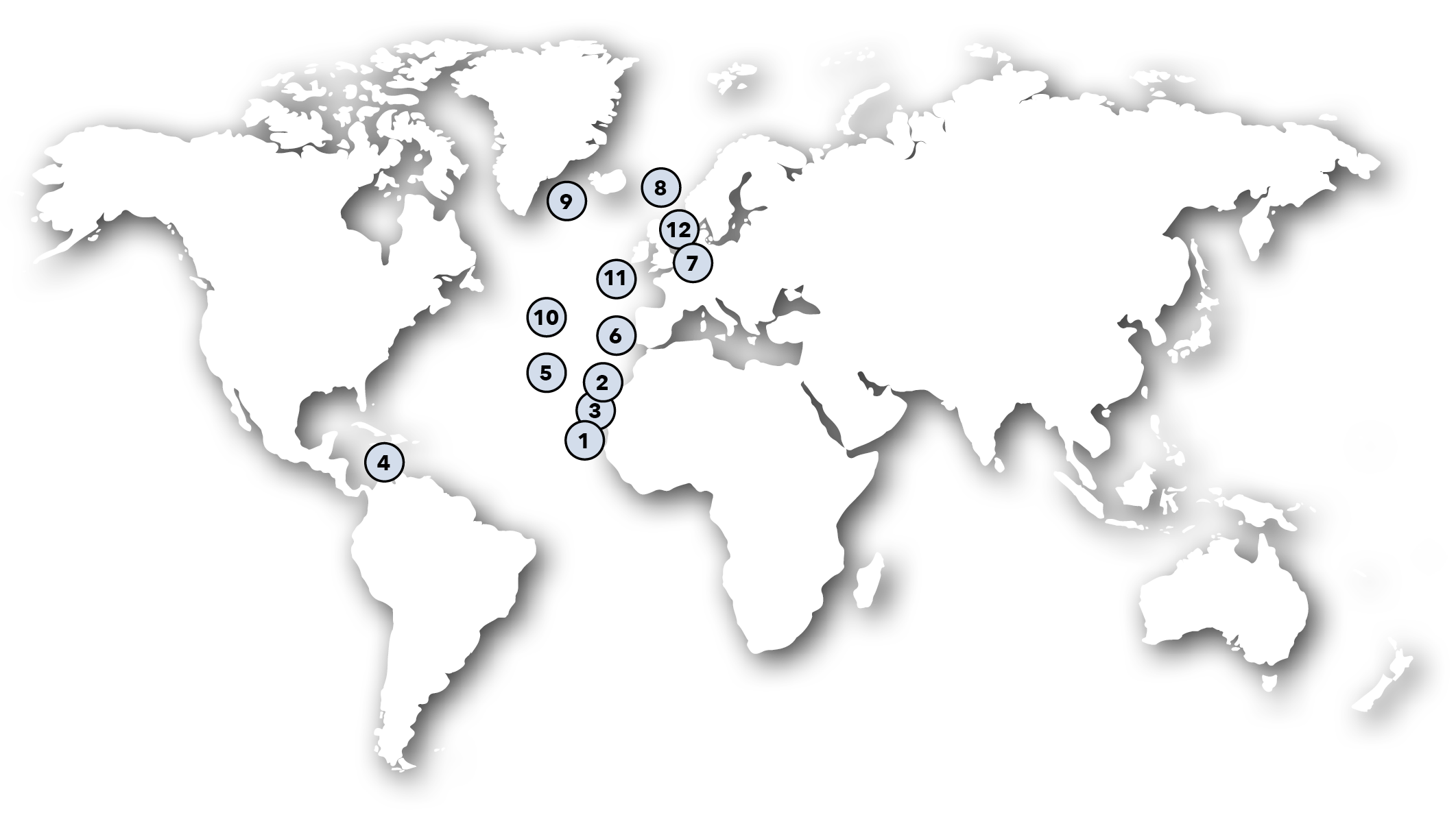 Illustration of map of the world with 12 dots in it representing the 12 locations of the ship pelagia