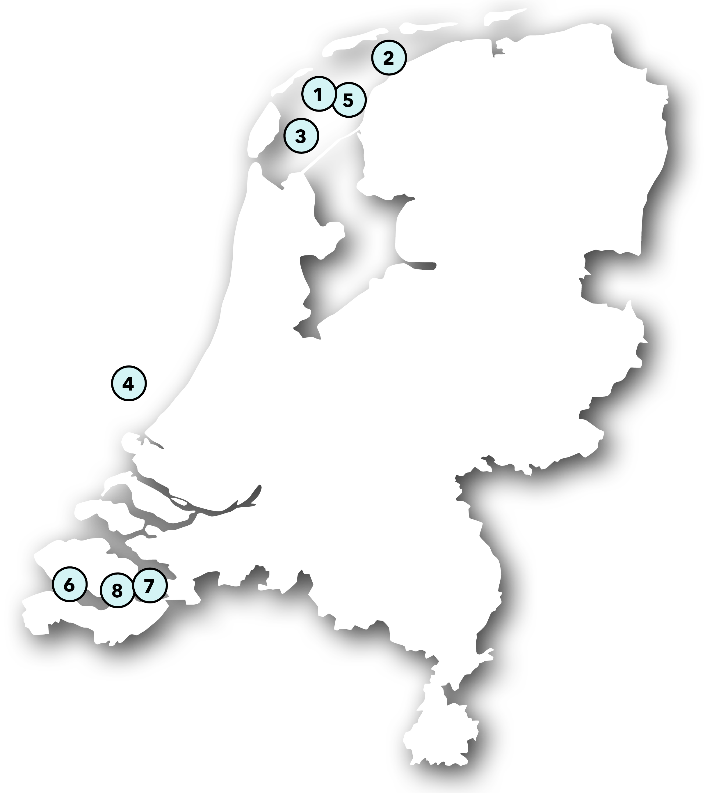Illustration of map of The Netherlands with 8 dots in it representing the 8 locations of the ship Wim Wolff