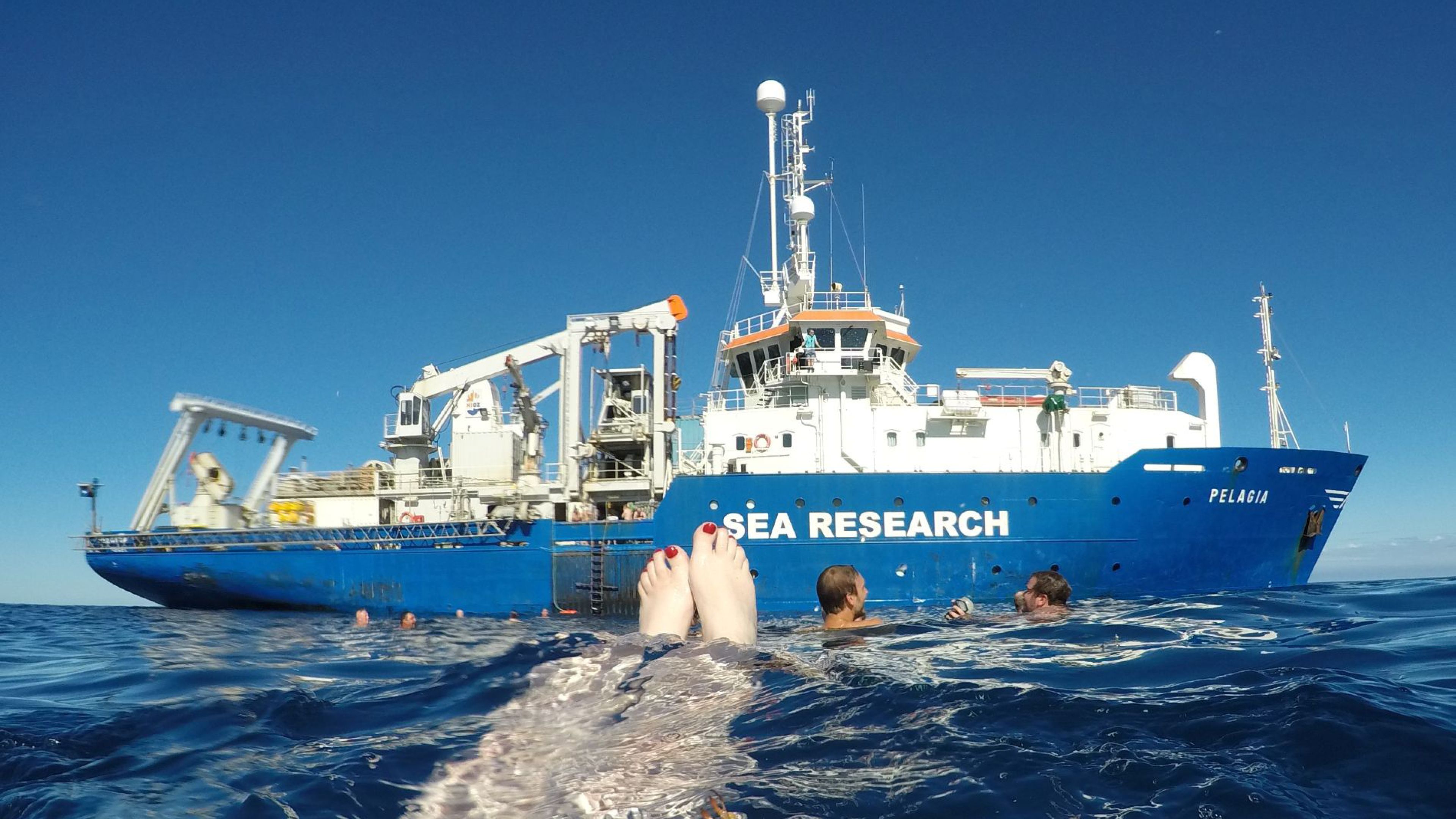 Photo of NIOZ Research Vessel Pelagia, with swimming people in front of it - photo taken from the water